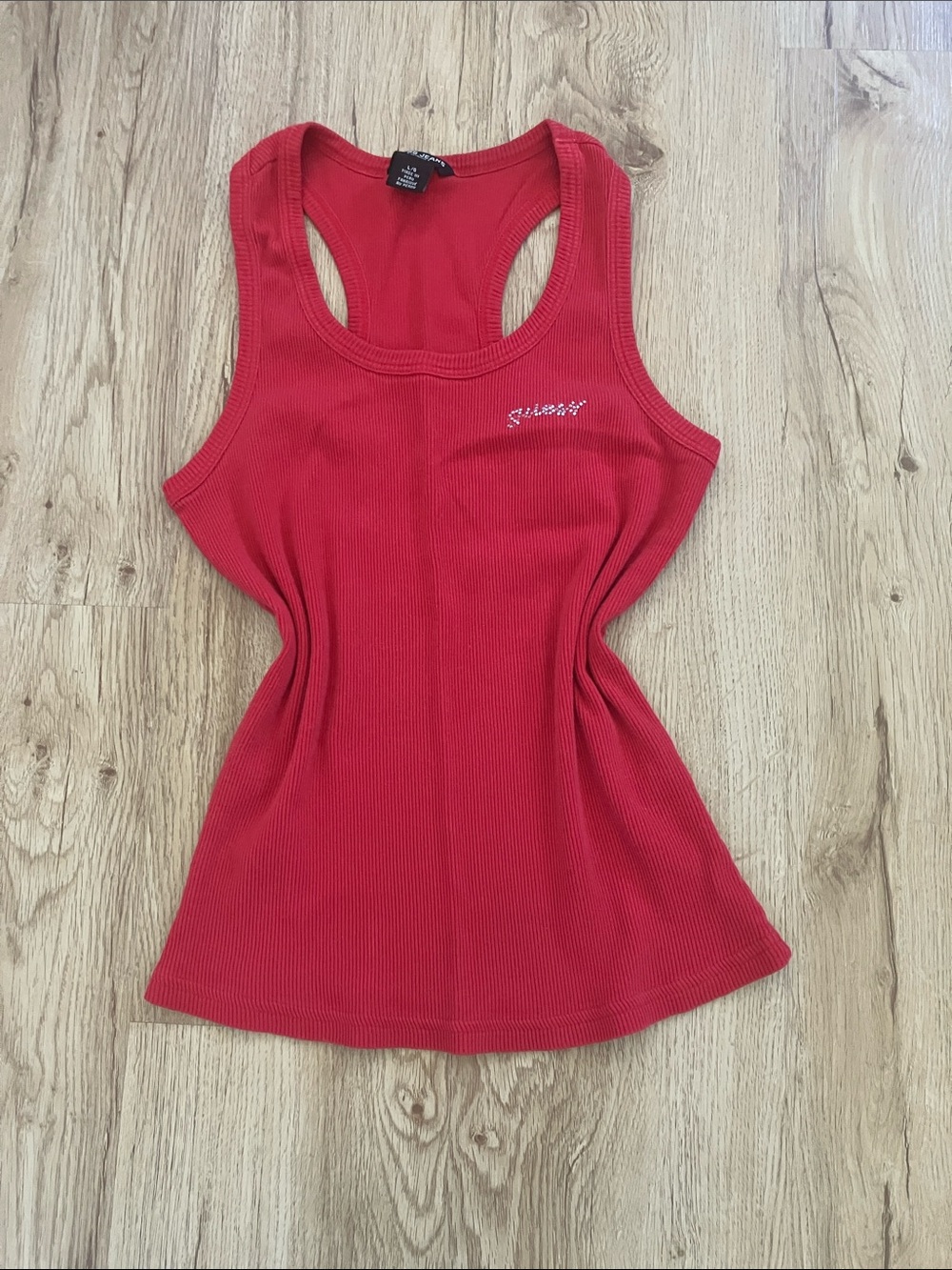 Y2k Guess Red Ribbed Tank with Crystal Script Logo - Picture 3 of 9